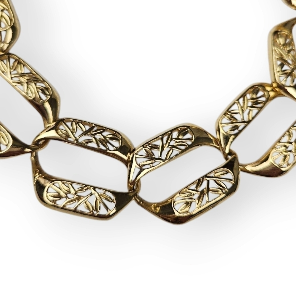 Vintage 80s Chain Necklace Floral Wide Hexagon Link Gold Plated Heavy 17.5" Long - Picture 3 of 7